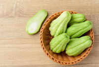 Chayote squash or Mirlition squash in basket on wooden background,